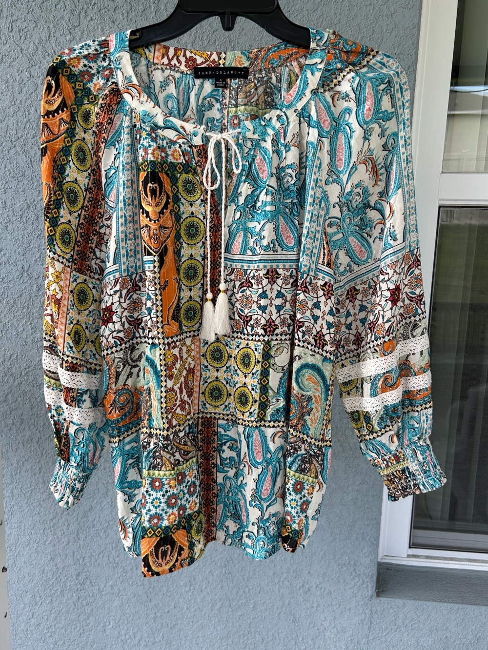 Jane + Delancey Boho Paisley Patchwork Peasant Blouse Tassel Tie Size Small